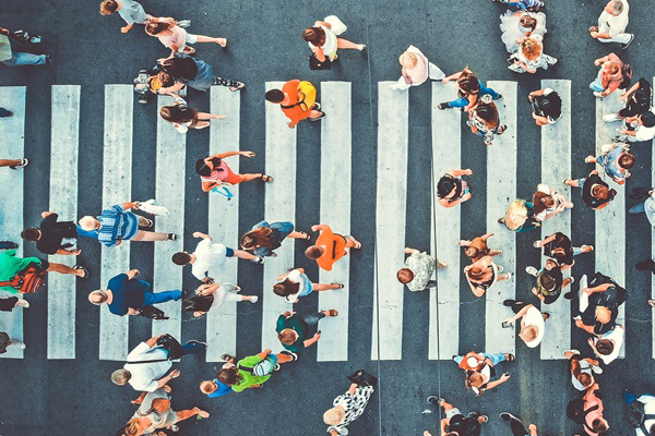 Looking down at pedestrians in a crosswalk