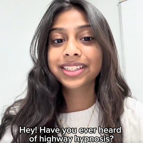 Young woman with text Have you ever heard of highway hypnosis?