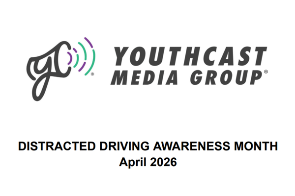 Logo of Youthcast Media Group with text reading Distracted Driving Awareness Month 2026