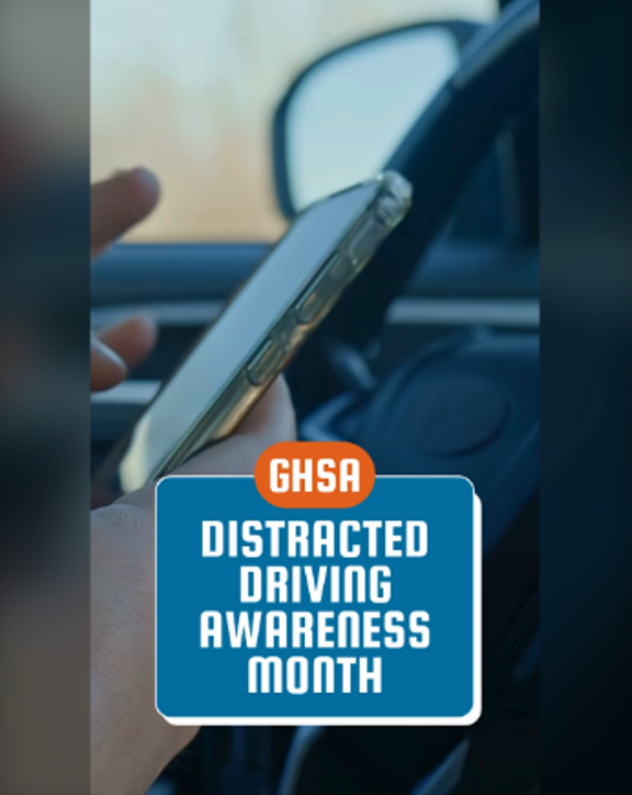 Image that reads Distracted Driving Awareness Month - click it to be taken to the LinkedIn page with a video