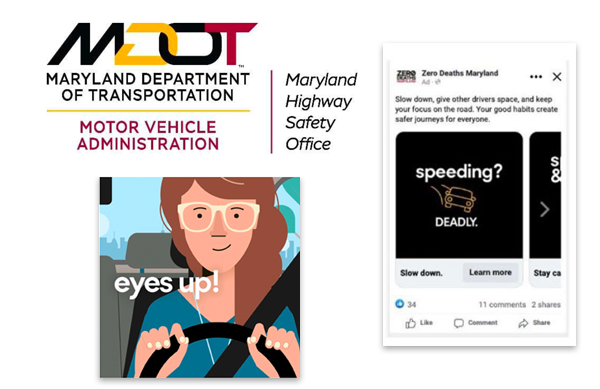 MDOT highway safety office logo, graphic of driver with words eyes up!