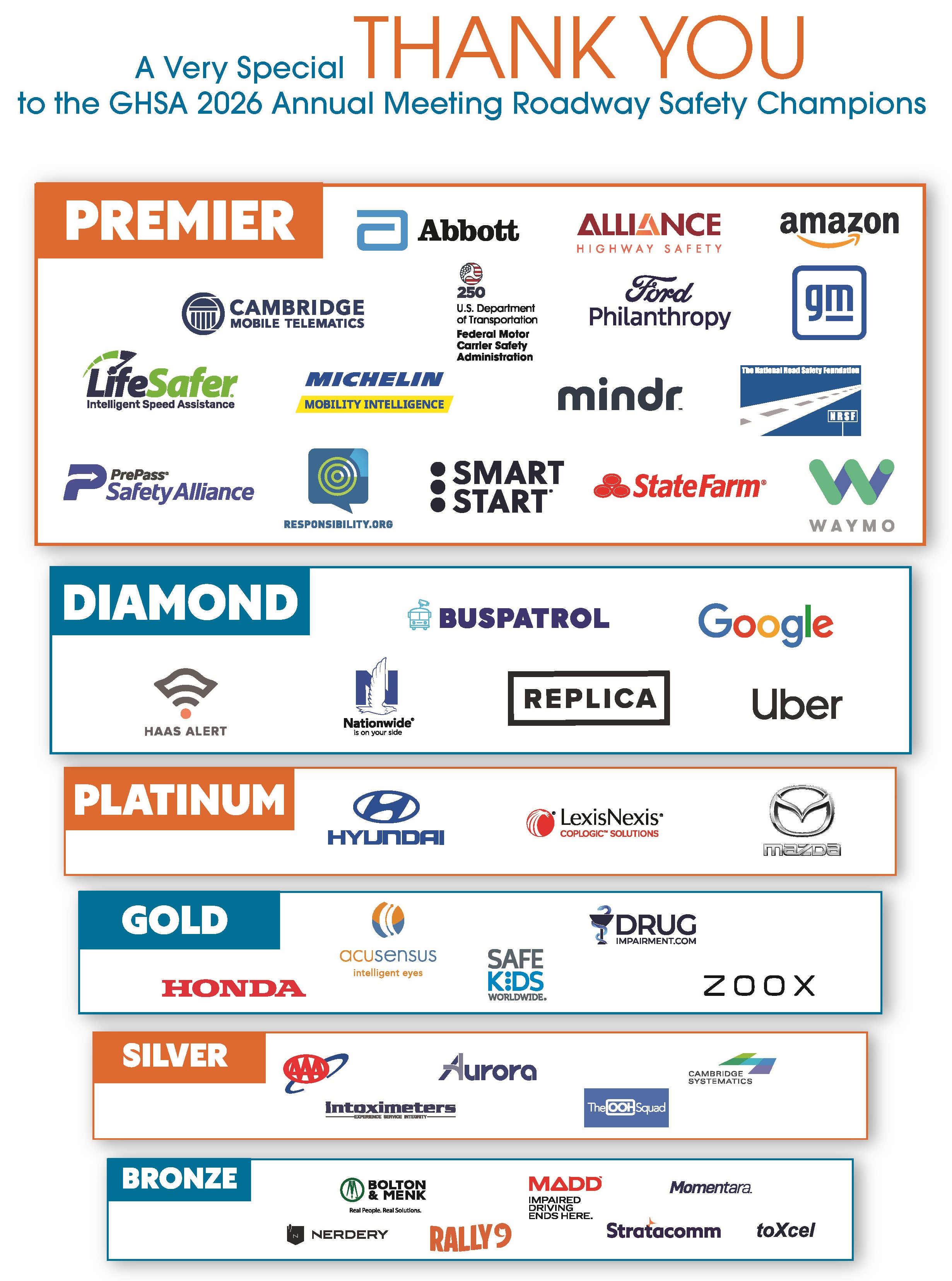 Logos of sponsors of the GHSA 2026 Annual Meeting by tier