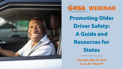 Graphic with an older man driving a car on the left side, with text about an upcoming webinar on the right side