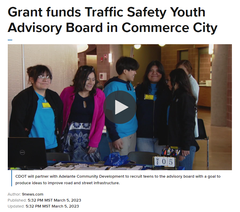 Image of a news story with the headline "Grant funds Traffic Safety Youth Advisory Board in Commerce City"