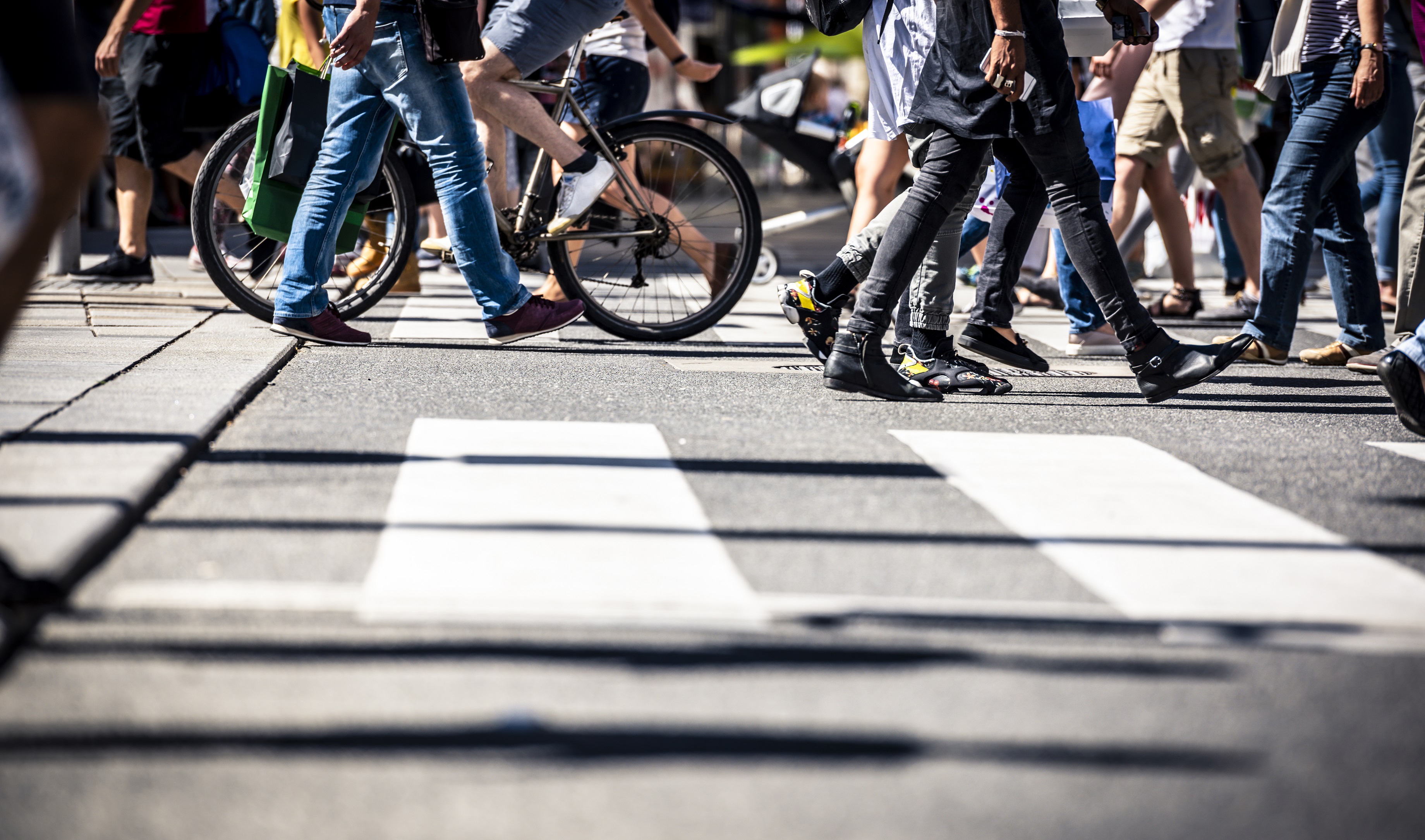 Pedestrians and bicyclists in a crosswalk
