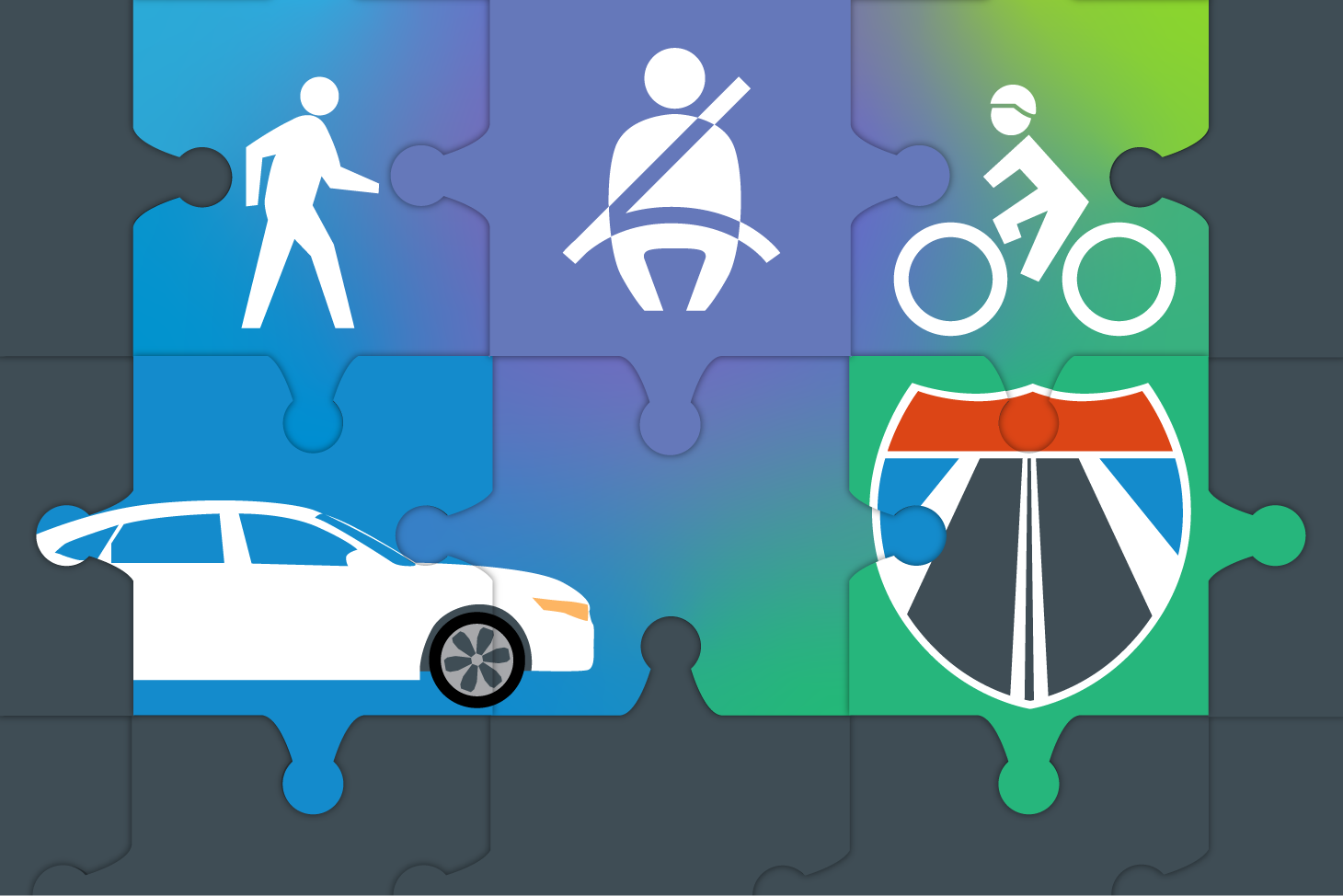 Image of connected puzzle pieces with icons for a pedestrian, seat belt, bicyclist, and car on them.
